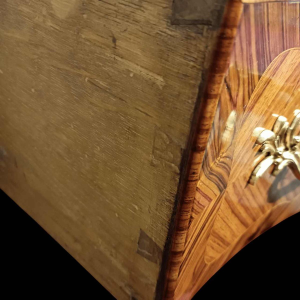 Restored curved Louis XV chest of drawers, bronze decorations, marble top, 19th century