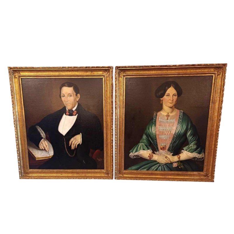 Pair of ‘Portraits’ paintings, oil on canvas, signed Cambien, 1856