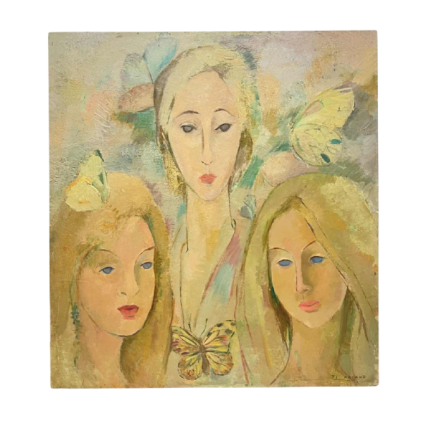 Flory Roland, painting - Butterflies - 3 women's faces, oil painting on panel, ca 1975