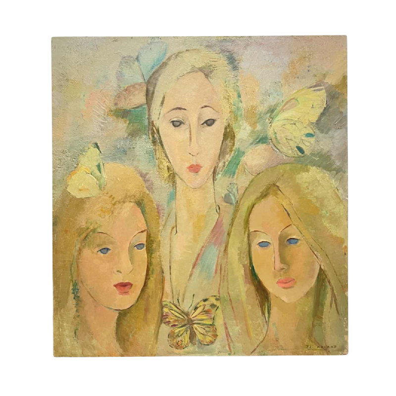 Flory Roland, tableau - Les papillons - 3 visages de femmes, peinture huile sur panneau, ca 1975