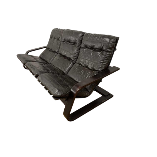 Canapé 3 places Design scandinave, cuir marron et bois, ca 1970
