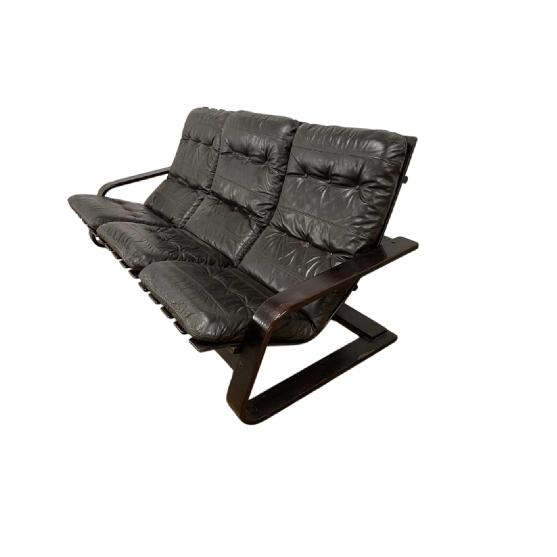 Canapé 3 places Design scandinave, cuir marron et bois, ca 1970