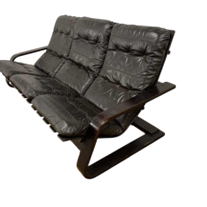 3-seater sofa Scandinavian design, brown leather and wood, ca. 1970