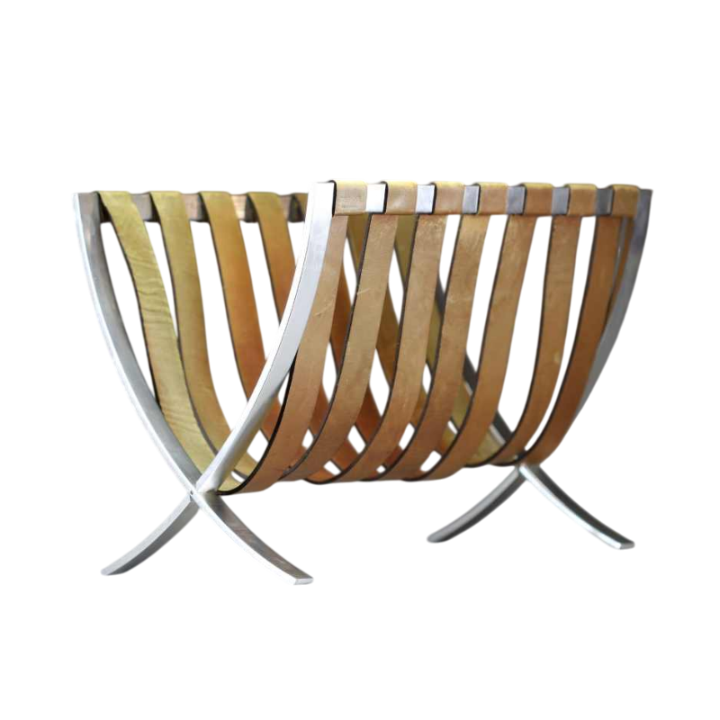 Porte-revues vintage en cuir et structure en métal par 'Batane - Made in Belgium' vers 1970