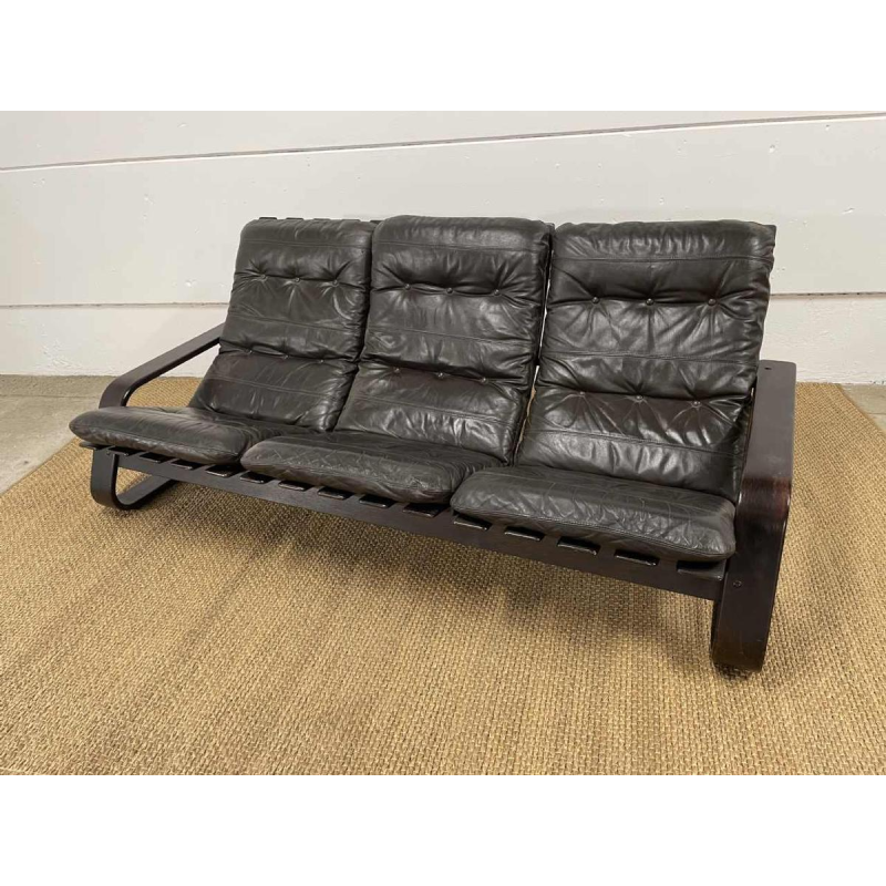 Canapé 3 places Design scandinave, cuir marron et bois, ca 1970