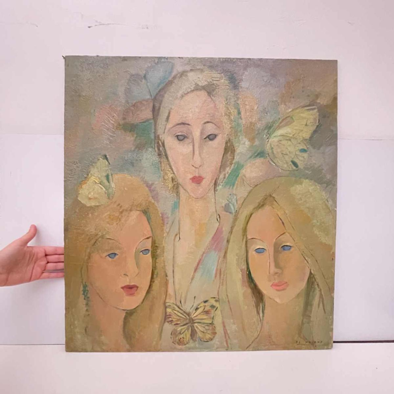 Flory Roland, schilderij - Vlinders - 3 vrouwengezichten, olieverf op paneel, ca. 1975
