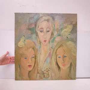 Flory Roland, painting - Butterflies - 3 women's faces, oil painting on panel, ca 1975