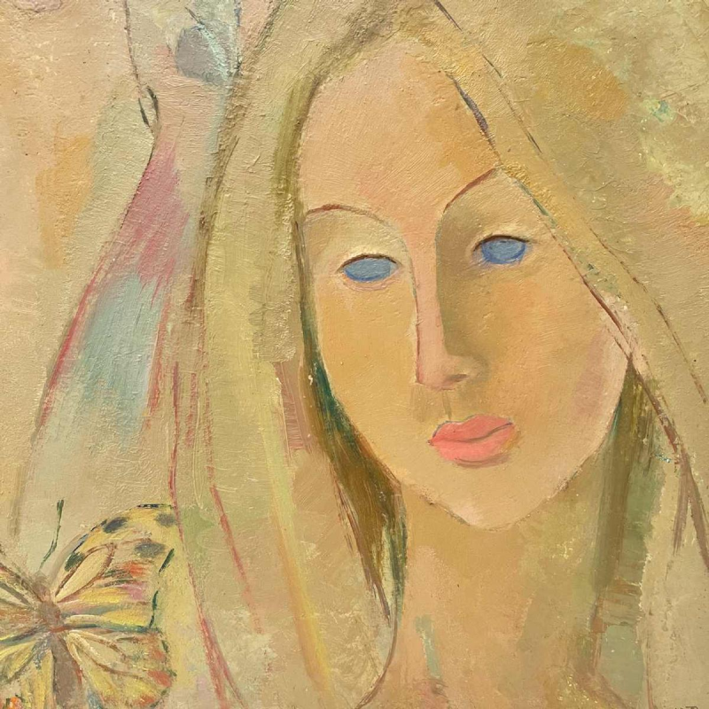Flory Roland, painting - Butterflies - 3 women's faces, oil painting on panel, ca 1975