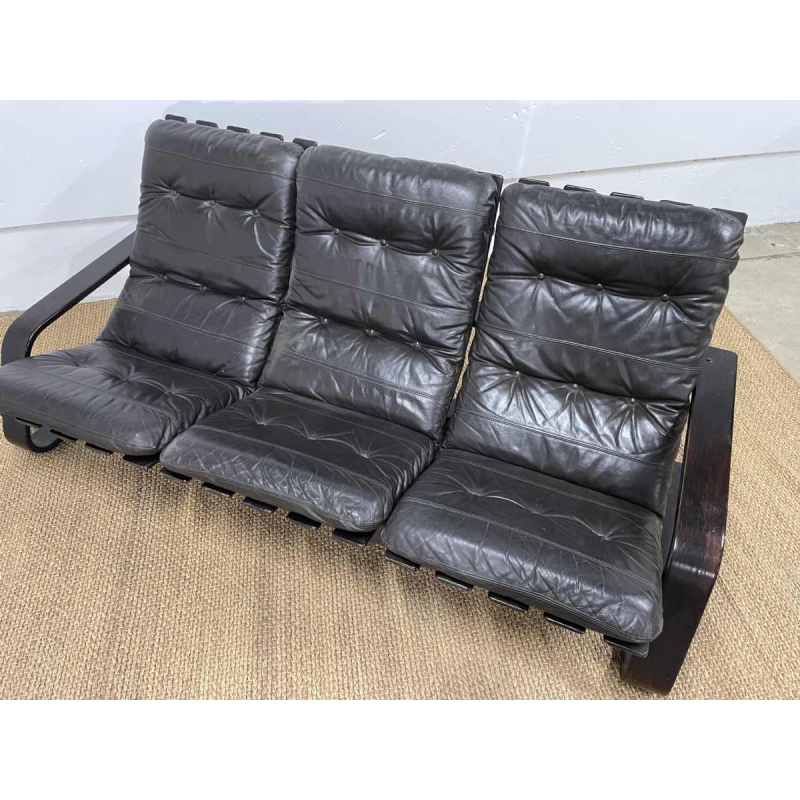 3-seater sofa Scandinavian design, brown leather and wood, ca. 1970