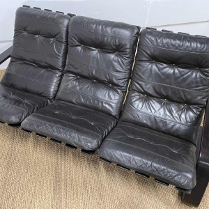 3-seater sofa Scandinavian design, brown leather and wood, ca. 1970