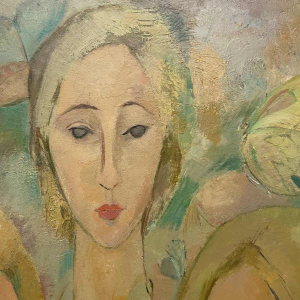 Flory Roland, painting - Butterflies - 3 women's faces, oil painting on panel, ca 1975