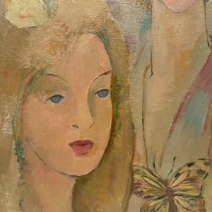 Flory Roland, schilderij - Vlinders - 3 vrouwengezichten, olieverf op paneel, ca. 1975