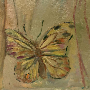 Flory Roland, schilderij - Vlinders - 3 vrouwengezichten, olieverf op paneel, ca. 1975