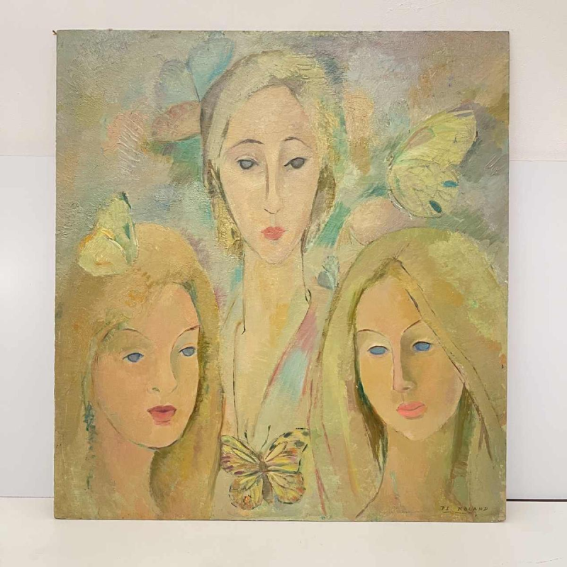 Flory Roland, painting - Butterflies - 3 women's faces, oil painting on panel, ca 1975