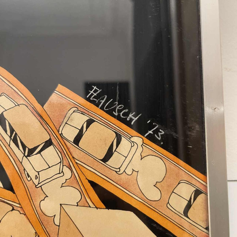 Fernand Flausch, tableau Pop Art, technique mixte sur papier, 1973