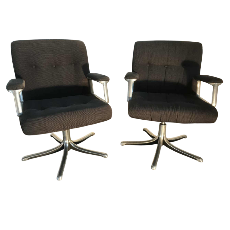 OSVALDO BORSANI voor TECNO, set van 2 fauteuils “P128”, gegoten aluminium, bekleed met grijze stof