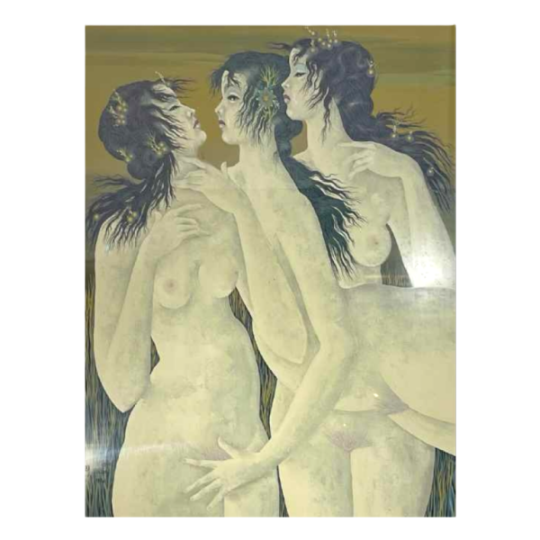 Denyse Willem “The Secret“ 3 naakte vrouwen / nimfen, symbolistisch & fantastisch schilderij, 1970
