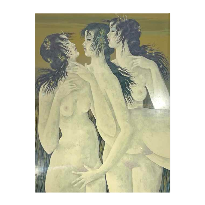 Denyse Willem “Le secret“ 3 femmes nues / nymphes, tableau symboliste & fantastique, 1970