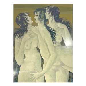 Denyse Willem “Le secret“ 3 femmes nues / nymphes, tableau symboliste & fantastique, 1970