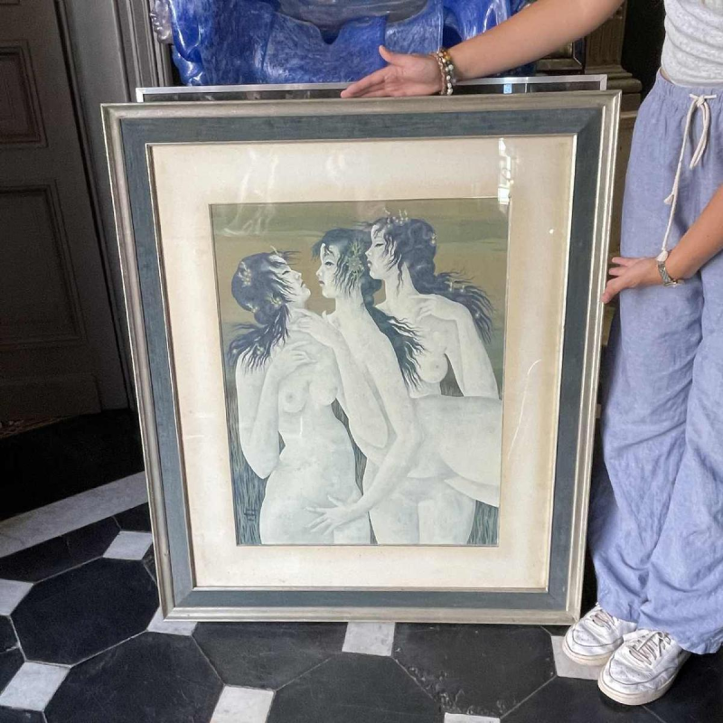 Denyse Willem “Le secret“ 3 femmes nues / nymphes, tableau symboliste & fantastique, 1970