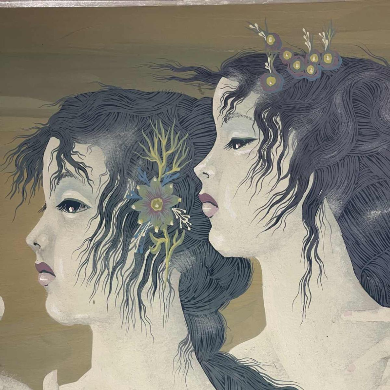 Denyse Willem “The Secret“ 3 naakte vrouwen / nimfen, symbolistisch & fantastisch schilderij, 1970