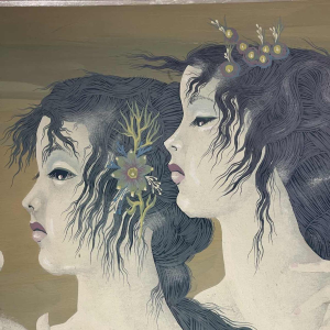 Denyse Willem “Le secret“ 3 femmes nues / nymphes, tableau symboliste & fantastique, 1970