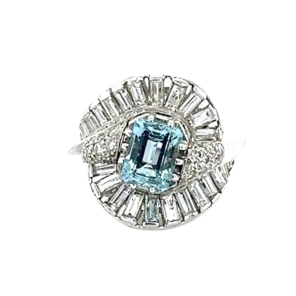 Mellerio Paris, ring in witgoud, aquamarijn en baguette geslepen diamanten