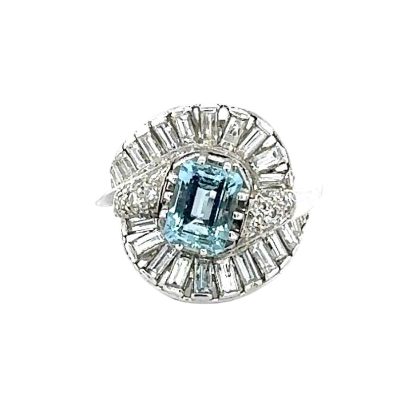 Mellerio Paris, ring in witgoud, aquamarijn en baguette geslepen diamanten