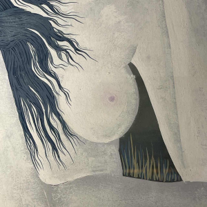 Denyse Willem “The Secret“ 3 naakte vrouwen / nimfen, symbolistisch & fantastisch schilderij, 1970