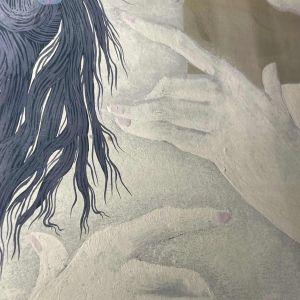 Denyse Willem “The Secret“ 3 naked women / nymphs, symbolist & fantastic painting, 1970