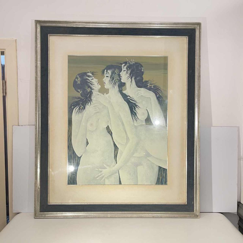 Denyse Willem “The Secret“ 3 naakte vrouwen / nimfen, symbolistisch & fantastisch schilderij, 1970