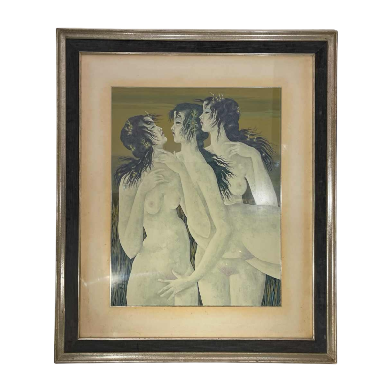 Denyse Willem “Le secret“ 3 femmes nues / nymphes, tableau symboliste & fantastique, 1970