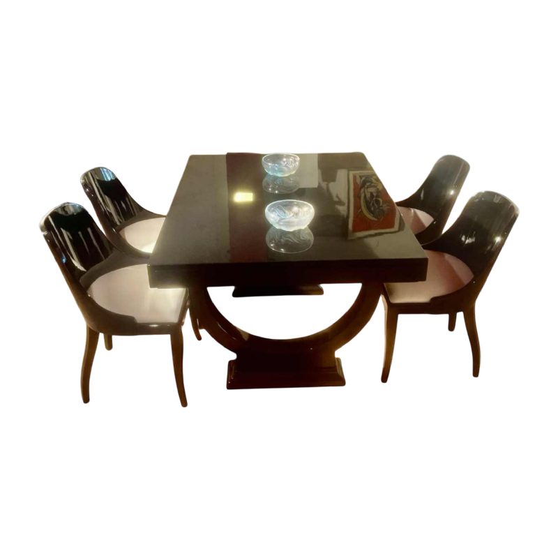 Zwart gelakte eetafel en twee extra bladen met 6 stoelen volledig gerestaureerd, Art Deco ca 1930