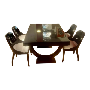 Ensemble table & 6 chaises de salle à manger Art Déco laquées noire + 2 allonges, entièrement restauré ca 1930