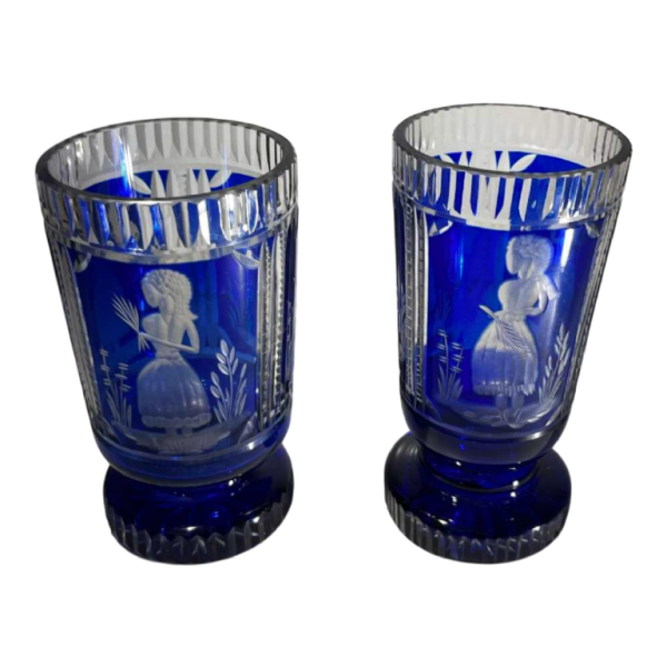 Boheems kristal, set van 2 glazen met elegante decoratie, kobaltblauwe slijplijn, ca. 1900