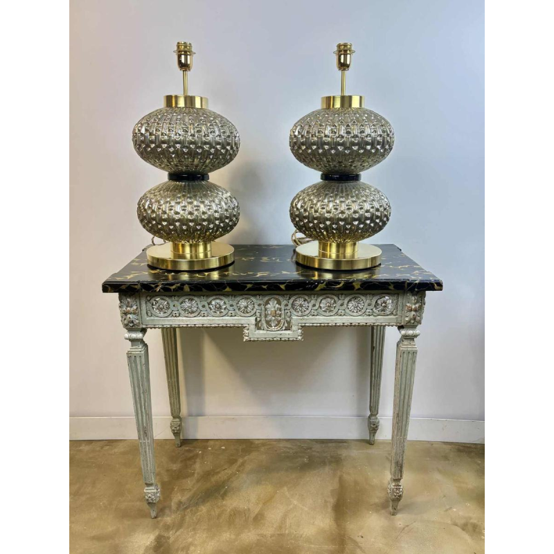 Murano, paire de lampes Hollywood Regency en verre soufflé et laiton, Italie ca 1980