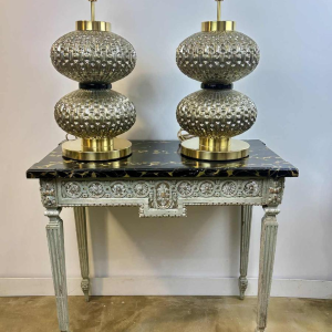 Murano, paire de lampes Hollywood Regency en verre soufflé et laiton, Italie ca 1980