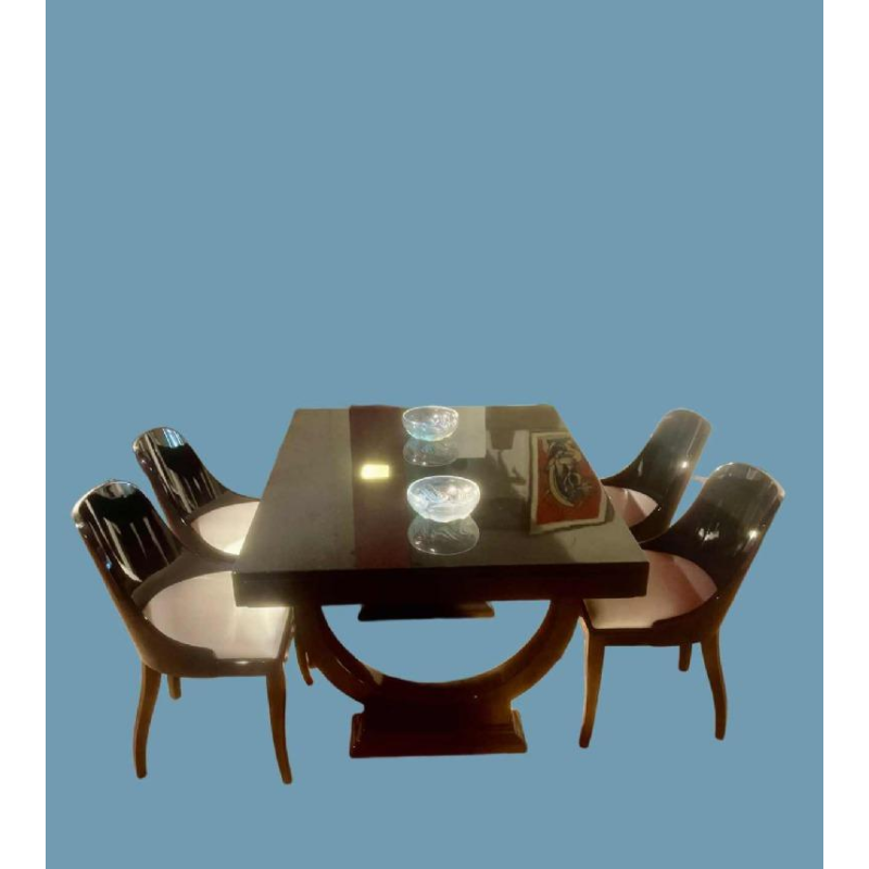 Zwart gelakte eetafel en twee extra bladen met 6 stoelen volledig gerestaureerd, Art Deco ca 1930