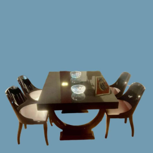 Zwart gelakte eetafel en twee extra bladen met 6 stoelen volledig gerestaureerd, Art Deco ca 1930