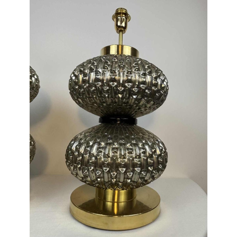 Murano, paire de lampes Hollywood Regency en verre soufflé et laiton, Italie ca 1980