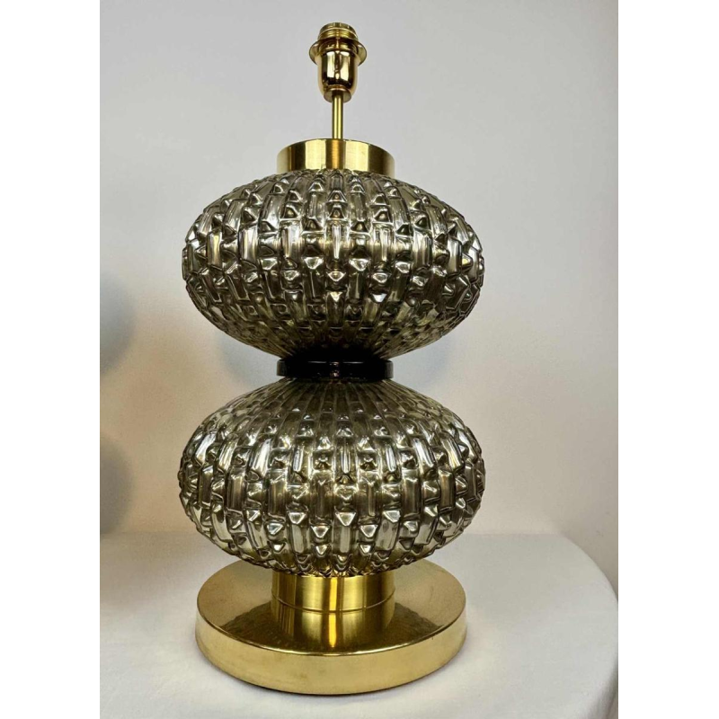 Murano, paire de lampes Hollywood Regency en verre soufflé et laiton, Italie ca 1980