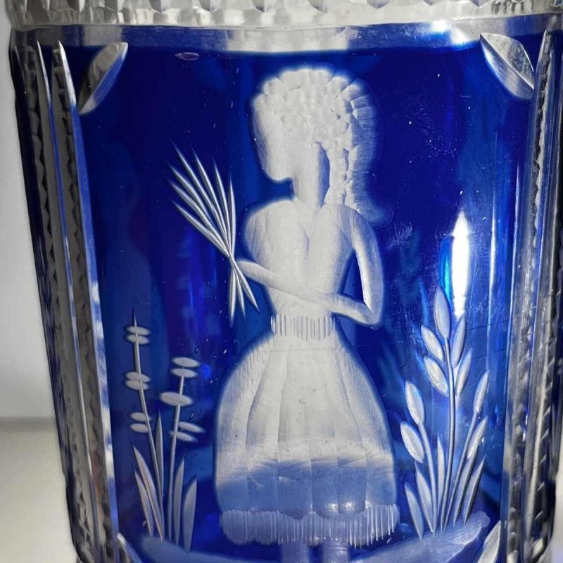 Boheems kristal, set van 2 glazen met elegante decoratie, kobaltblauwe slijplijn, ca. 1900