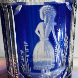 Bohemian crystal, set of 2 glasses with elegant decoration, cobalt blue cut line, ca 1900