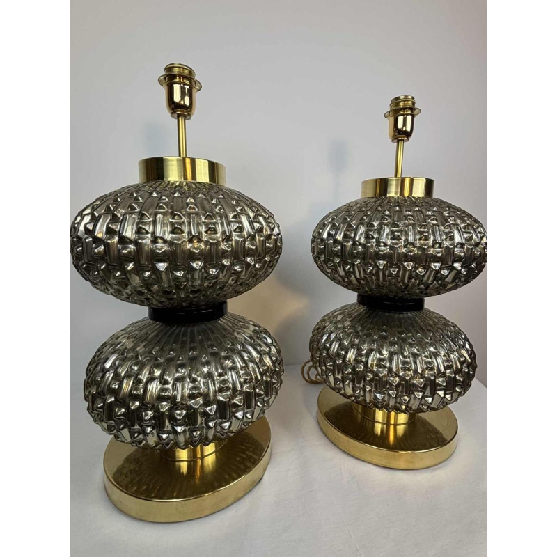 Murano, paire de lampes Hollywood Regency en verre soufflé et laiton, Italie ca 1980