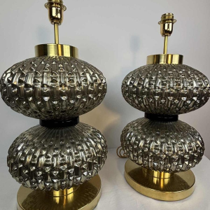 Murano, paire de lampes Hollywood Regency en verre soufflé et laiton, Italie ca 1980