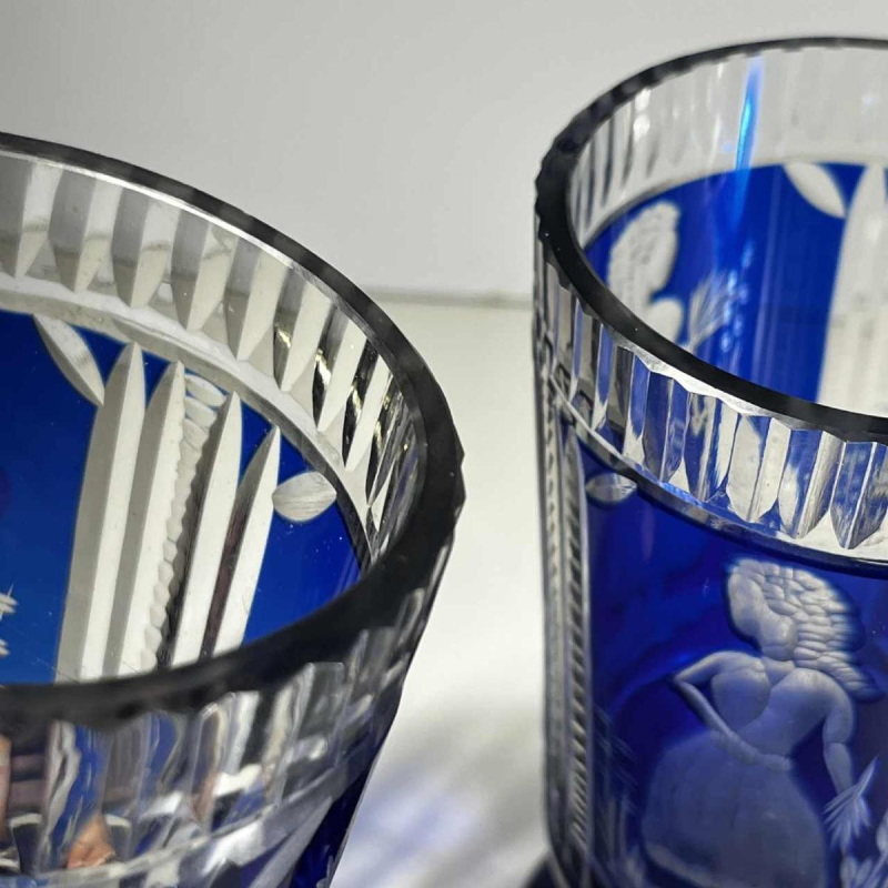 Bohemian crystal, set of 2 glasses with elegant decoration, cobalt blue cut line, ca 1900