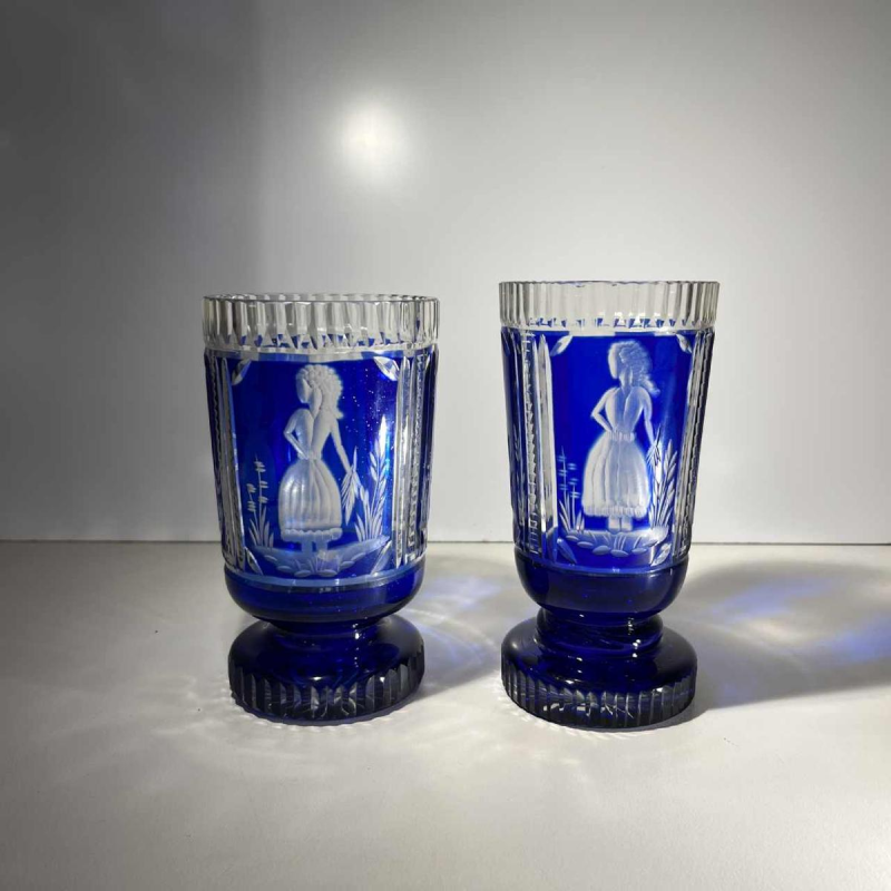 Bohemian crystal, set of 2 glasses with elegant decoration, cobalt blue cut line, ca 1900