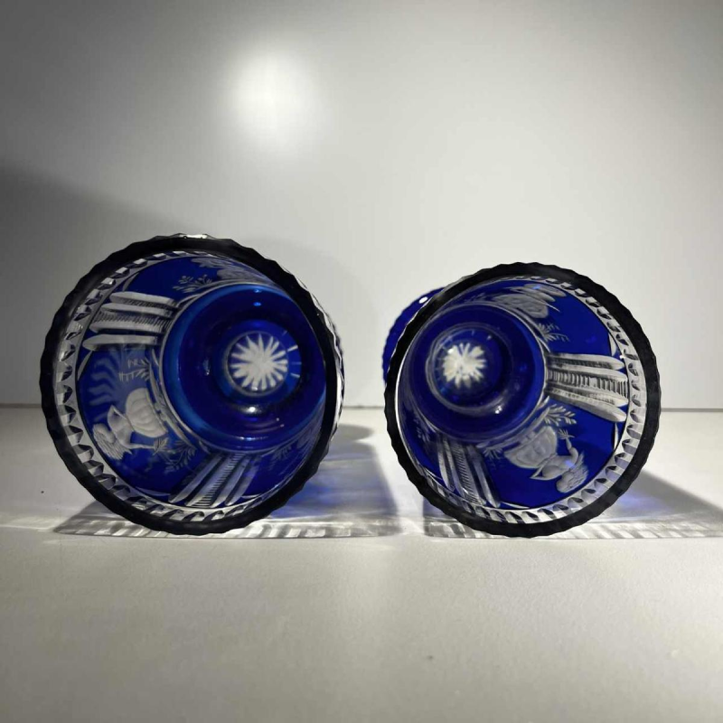 Bohemian crystal, set of 2 glasses with elegant decoration, cobalt blue cut line, ca 1900