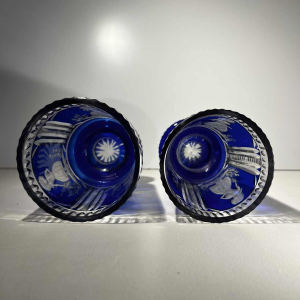 Bohemian crystal, set of 2 glasses with elegant decoration, cobalt blue cut line, ca 1900
