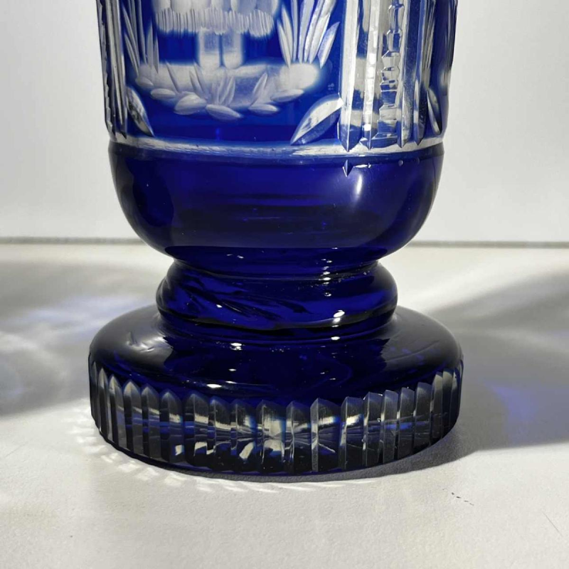 Bohemian crystal, set of 2 glasses with elegant decoration, cobalt blue cut line, ca 1900